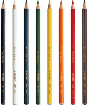STABILO All Watercolour Effect Pencil - Assorted Pack of 8 Pencils - Black, White, Blue, Green, Yellow, Orange, Red & Brown