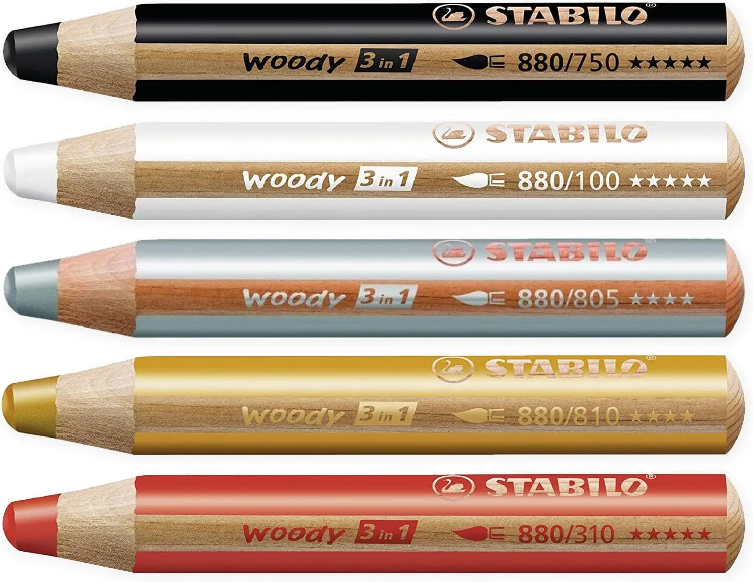 STABILO Multi-talented Pencil woody 3-in-1 - Basic Box of 5 - Silver, Gold, White, Black, Red   Sharpener
