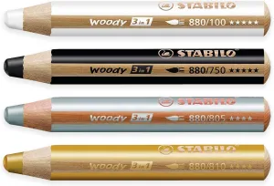 STABILO Multi-talented Pencil woody 3-in-1 - Pack of 4 - Black, White, Gold & Silver
