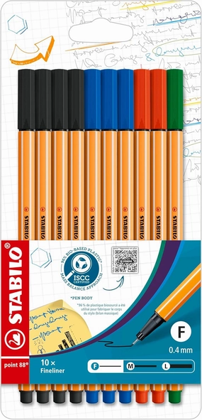 STABILO Fineliner point 88 - Pack of 10 - Office Colors - 4 x Black, 3 x Blue, 2 x Red, 1 x Green