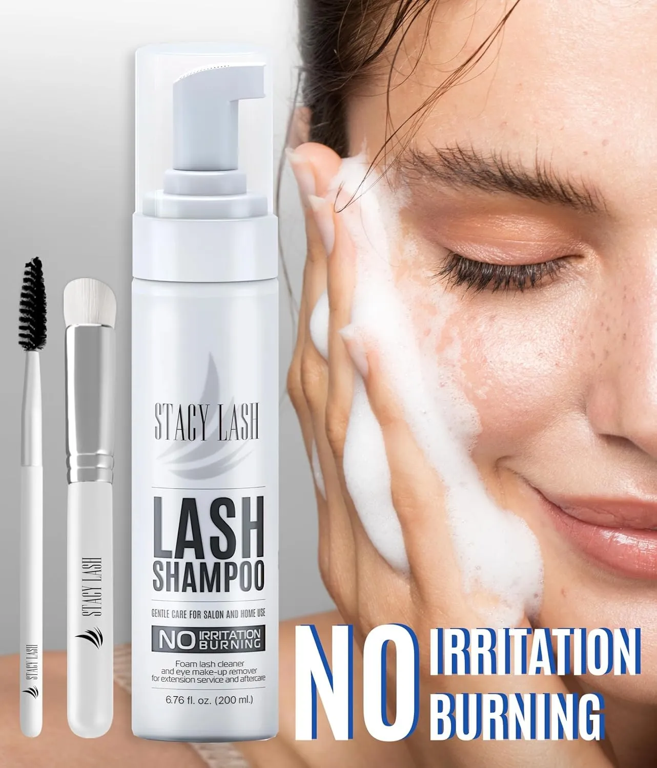 STACY LASH 6.76 fl.oz / 200ml Eyelash Extension Shampoo   Brush/Eyelid Foaming Cleanser/Wash for Extensions & Natural Lashes/Safe Makeup Remover/Supplies for Professional & Home Use