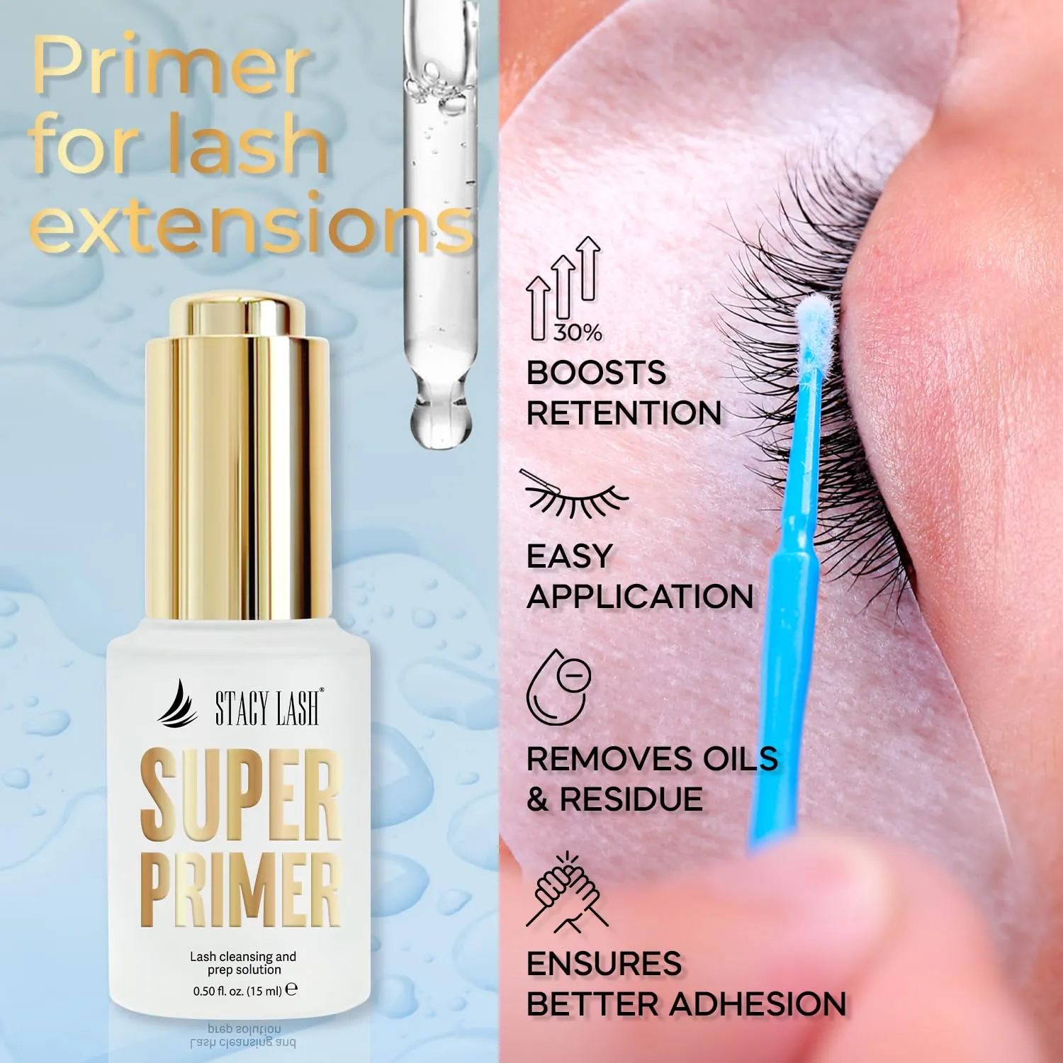 Stacy Lash Primer for Lash Extensions | Super Primer/Cleanser 15ml | Eyelash Extension Primer | Protein Oil Remover | Increase Adhesive Bonding Power Retention | Professional Lash Supplies