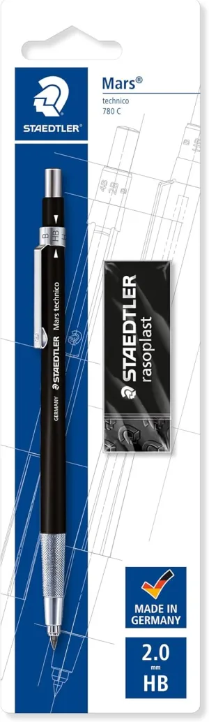 STAEDTLER 780 C BKP6 Mars Technico Leadholder Clutch Pencil with Built-In Sharpener - HB, 2mm Line Width (Pack of 1   FREE Eraser)