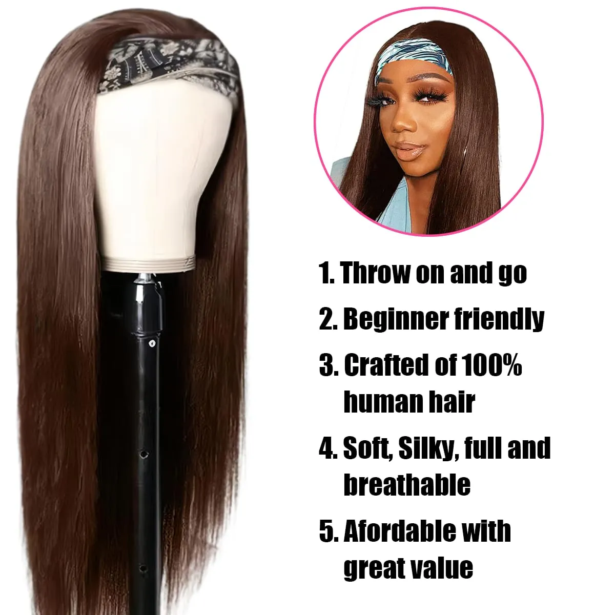 Straight Chocolate Brown Headband Wig Human Hair for Women 12-Inch 180% Density Headband Wigs Glueless Human Hair Wig(Straight, #4)