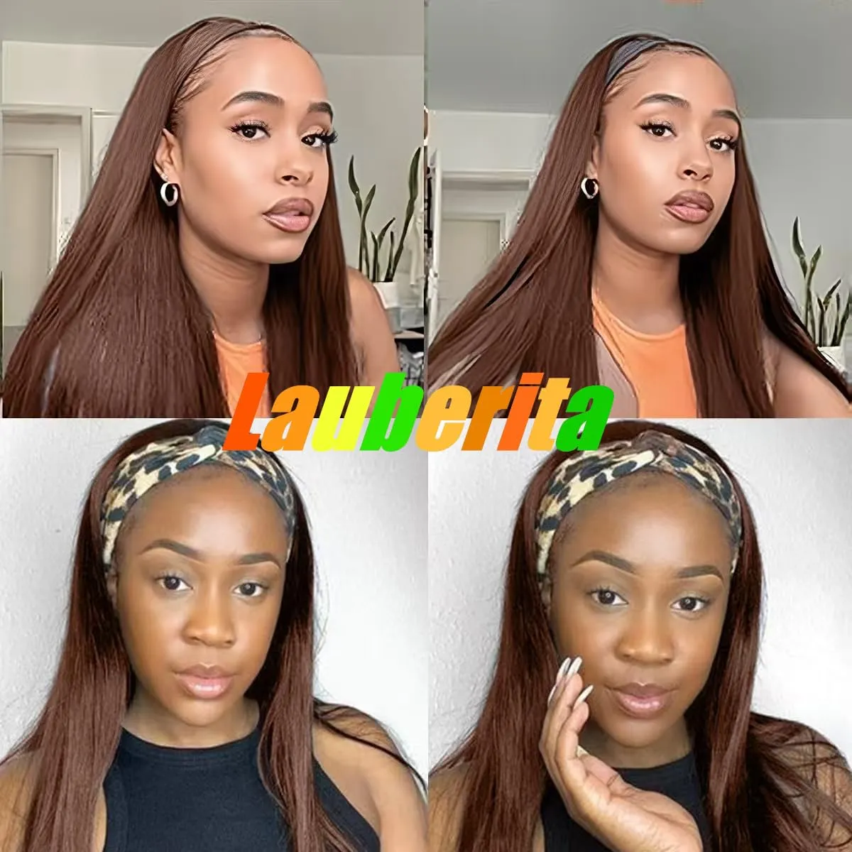 Straight Chocolate Brown Headband Wig Human Hair for Women 12-Inch 180% Density Headband Wigs Glueless Human Hair Wig(Straight, #4)