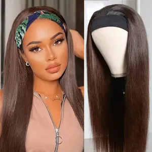 Straight Chocolate Brown Headband Wig Human Hair for Women 22-Inch 180% Density Headband Wigs Glueless Human Hair Wig(Straight, #4)