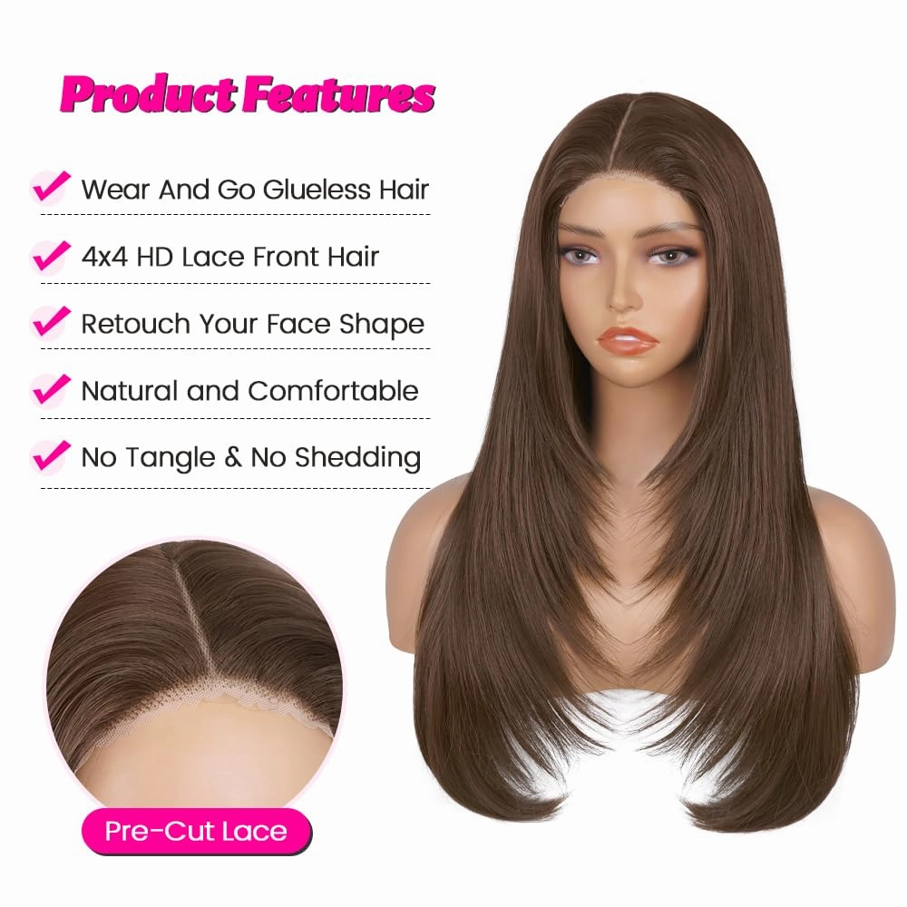 Straight Lace Front Wear and Go Glueless Wig Synthetic Layered Wigs For Black Women Pre Plucked Pre Cut 4x4 Lace Front Wigs Long Dark Brown Wigs For Daily Use Chocolate Brown...New2