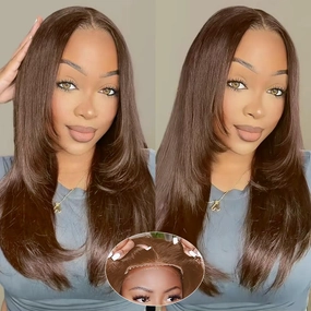 Straight Lace Front Wear and Go Glueless Wig Synthetic Layered Wigs For Black Women Pre Plucked Pre Cut 4x4 Lace Front Wigs Long Dark Brown Wigs For Daily Use Chocolate Brown...New2