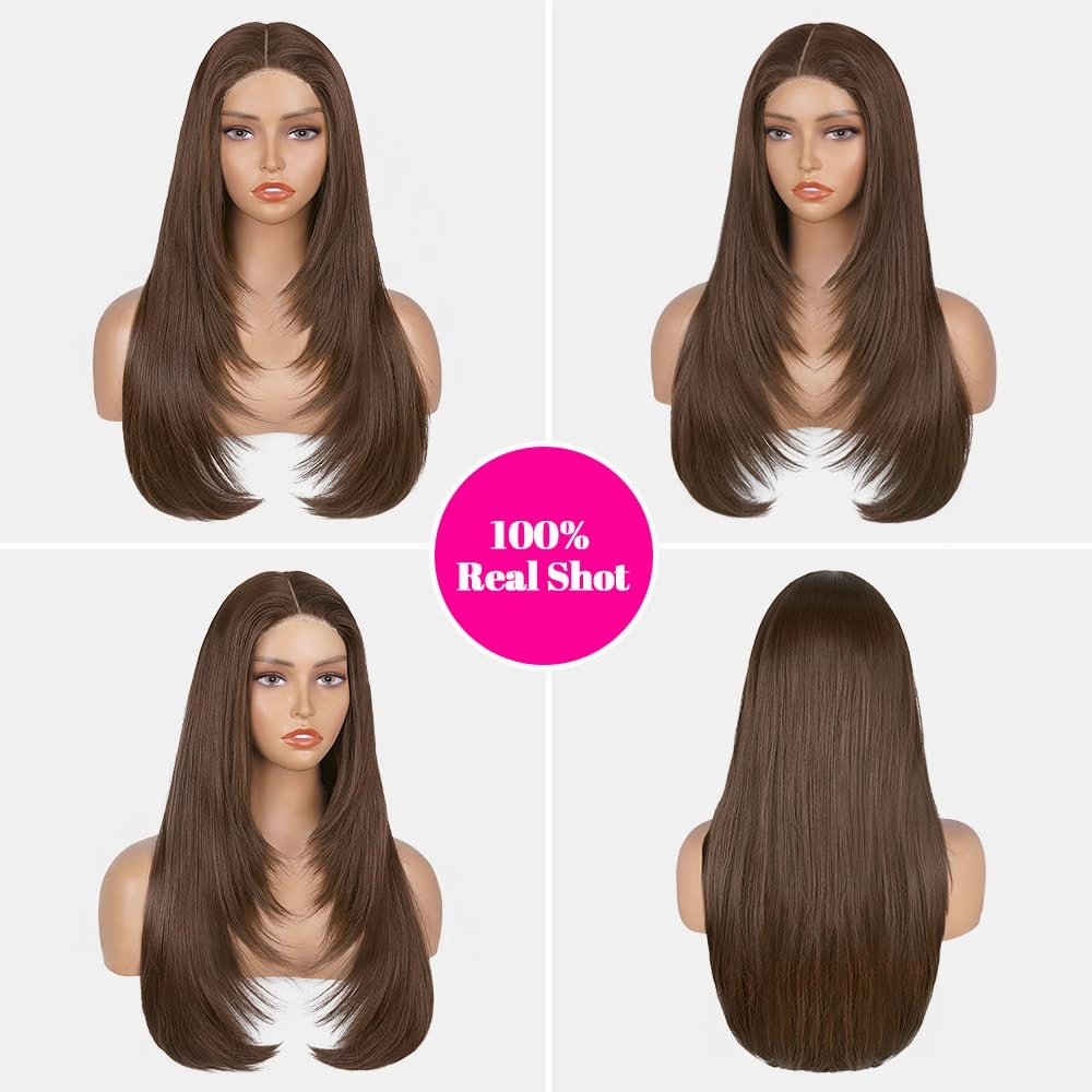 Straight Lace Front Wear and Go Glueless Wig Synthetic Layered Wigs For Black Women Pre Plucked Pre Cut 4x4 Lace Front Wigs Long Dark Brown Wigs For Daily Use Chocolate Brown...New2