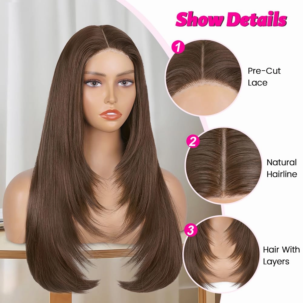 Straight Lace Front Wear and Go Glueless Wig Synthetic Layered Wigs For Black Women Pre Plucked Pre Cut 4x4 Lace Front Wigs Long Dark Brown Wigs For Daily Use Chocolate Brown...New2