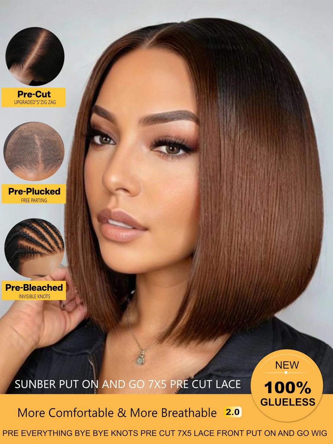 Sunber Put On and Go Glueless Ombre Chestnut Brown Light Yaki Straight Bob Human Hair Wigs Pre Bleached Bye Bye Knots Pre Cut 7x5 HD Lace Front Lace Pre Everything Yaki Bob 10Inch