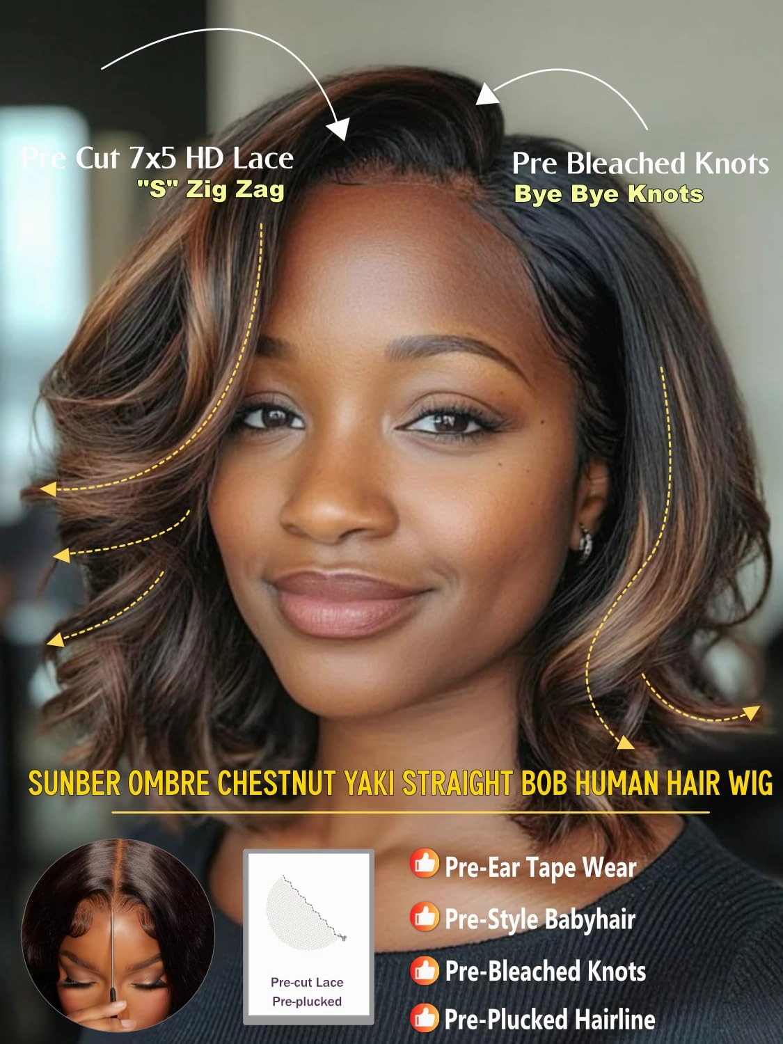 Sunber Put On and Go Glueless Ombre Chestnut Brown Light Yaki Straight Bob Human Hair Wigs Pre Bleached Bye Bye Knots Pre Cut 7x5 HD Lace Front Lace Pre Everything Yaki Bob 10Inch