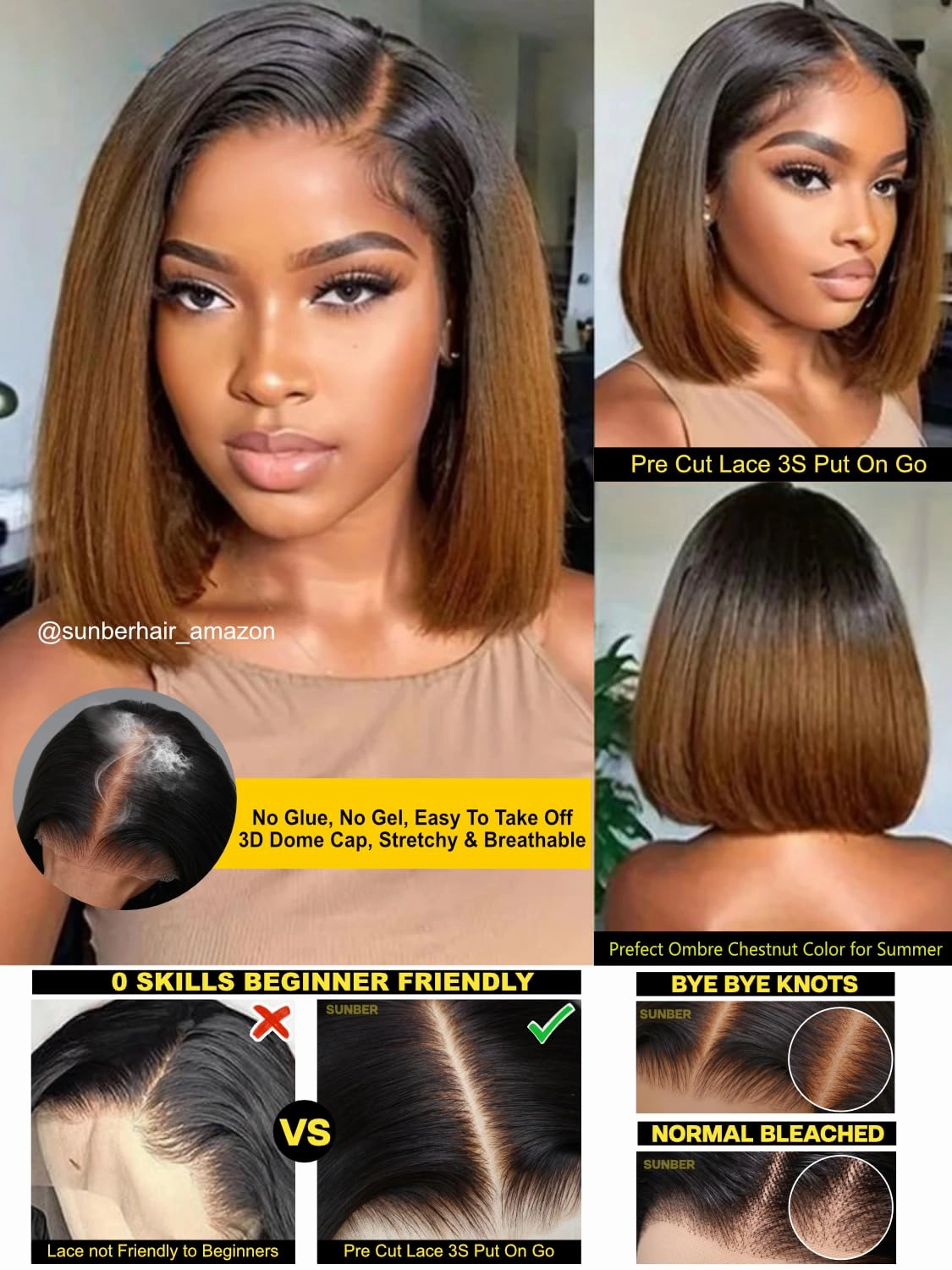 Sunber Put On and Go Glueless Ombre Chestnut Brown Light Yaki Straight Bob Human Hair Wigs Pre Bleached Bye Bye Knots Pre Cut 7x5 HD Lace Front Lace Pre Everything Yaki Bob 10Inch