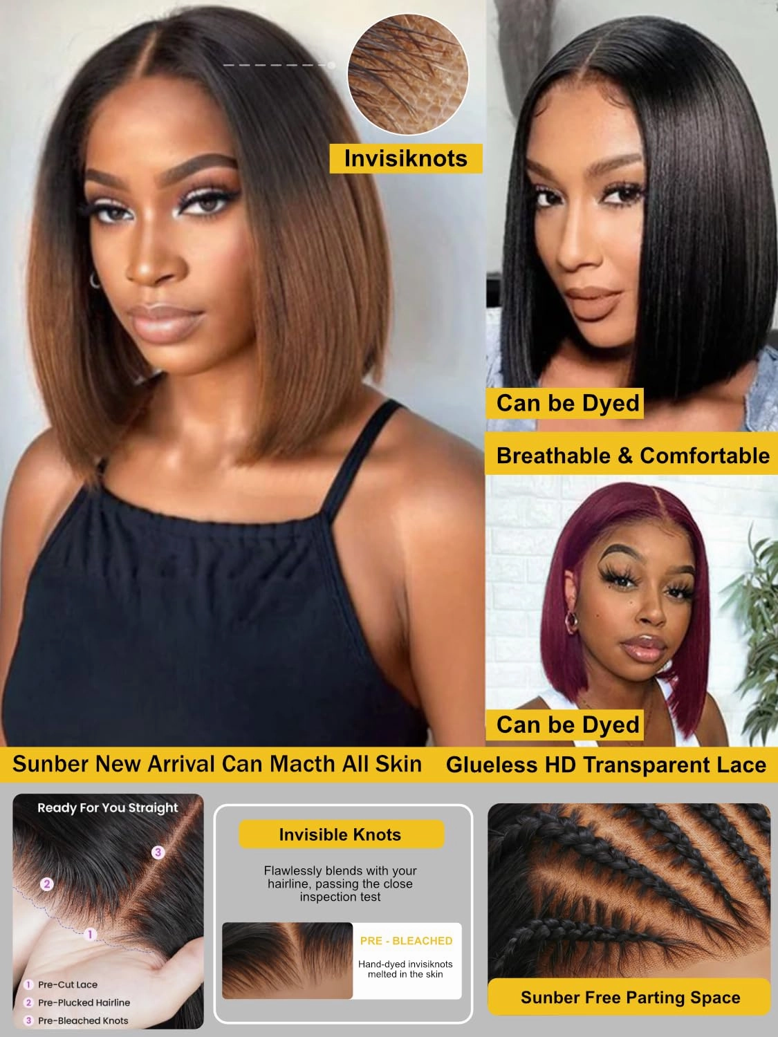 Sunber Put On and Go Glueless Ombre Chestnut Brown Light Yaki Straight Bob Human Hair Wigs Pre Bleached Bye Bye Knots Pre Cut 7x5 HD Lace Front Lace Pre Everything Yaki Bob 10Inch