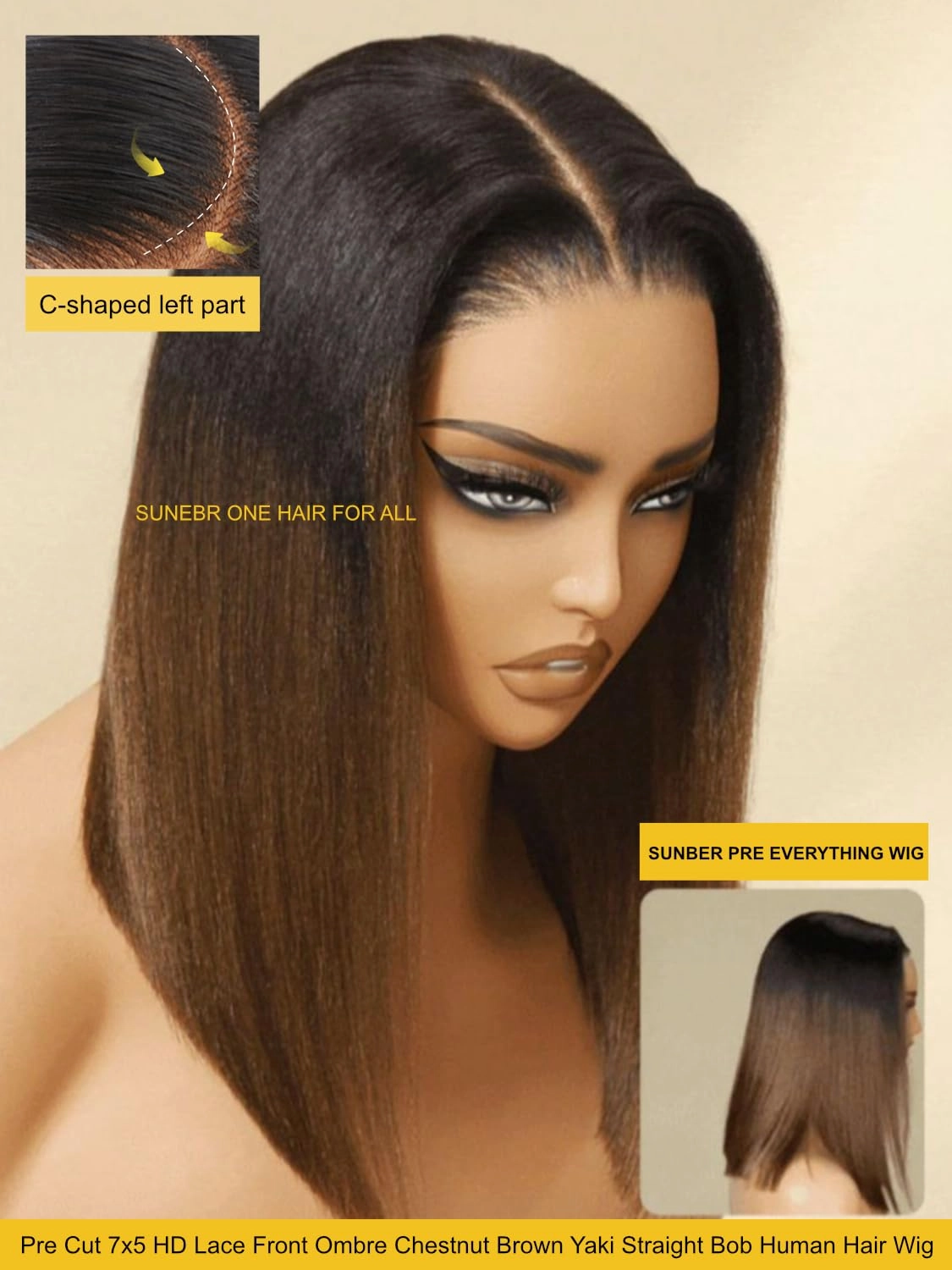 Sunber Put On and Go Glueless Ombre Chestnut Brown Light Yaki Straight Bob Human Hair Wigs Pre Bleached Bye Bye Knots Pre Cut 7x5 HD Lace Front Lace Pre Everything Yaki Bob 10Inch