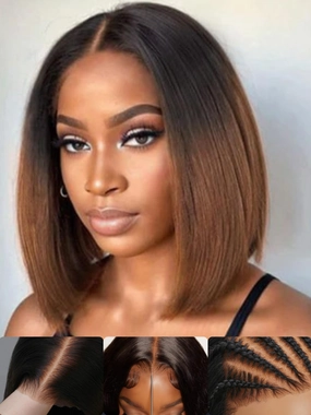 Sunber Put On and Go Glueless Ombre Chestnut Brown Light Yaki Straight Bob Human Hair Wigs Pre Bleached Bye Bye Knots Pre Cut 7x5 HD Lace Front Lace Pre Everything Yaki Bob 10Inch