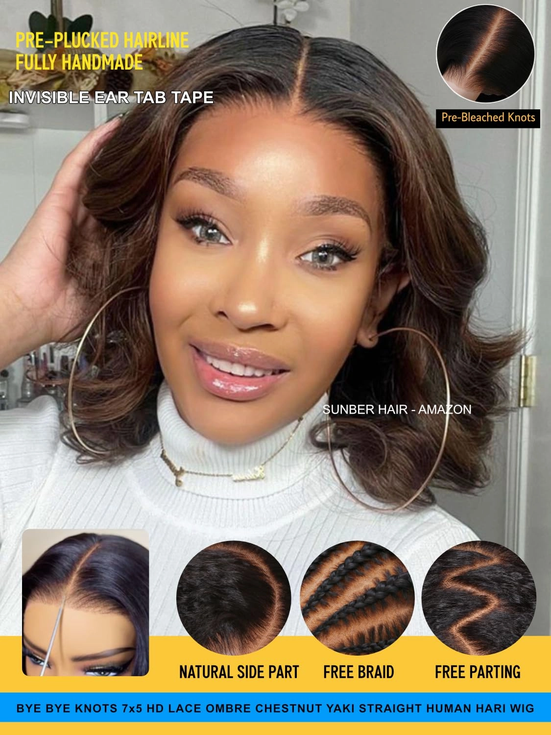 Sunber Put On and Go Glueless Ombre Chestnut Brown Light Yaki Straight Bob Human Hair Wigs Pre Bleached Bye Bye Knots Pre Cut 7x5 HD Lace Front Lace Pre Everything Yaki Bob 10Inch