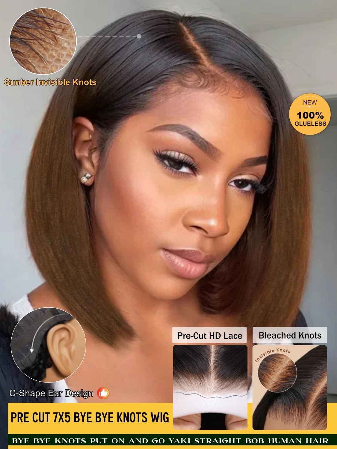 Sunber Put On and Go Glueless Ombre Chestnut Brown Light Yaki Straight Bob Human Hair Wigs Pre Bleached Bye Bye Knots Pre Cut 7x5 HD Lace Front Lace Pre Everything Yaki Bob 10Inch