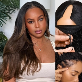 Sunber V Part Wig Human Hair Yaki Straight Ombre Brown Upgrade U Part Wig with Dark Roots Glueless No Leave Out No Gel No Lace V Shape Clip Wig for Women Beginner Ready to Go Wig Chestnut Brown 24Inch