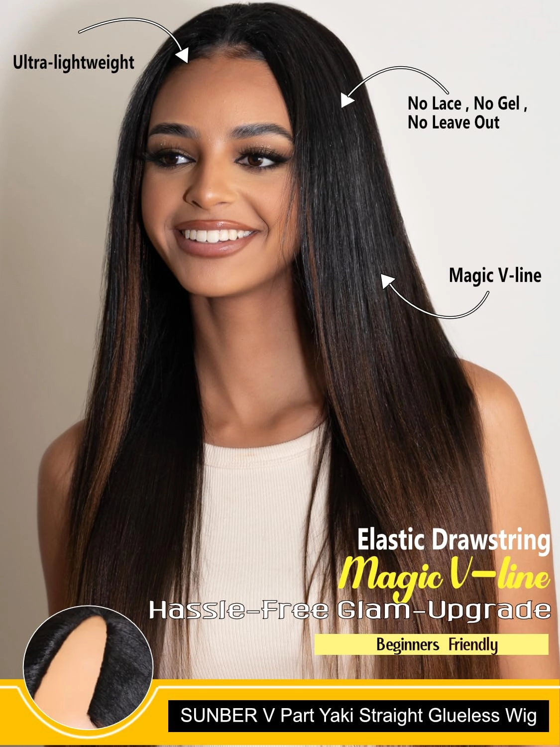 Sunber V Part Wig Human Hair Yaki Straight Ombre Brown Upgrade U Part Wig with Dark Roots Glueless No Leave Out No Gel No Lace V Shape Clip Wig for Women Beginner Ready to Go Wig Chestnut Brown 24Inch