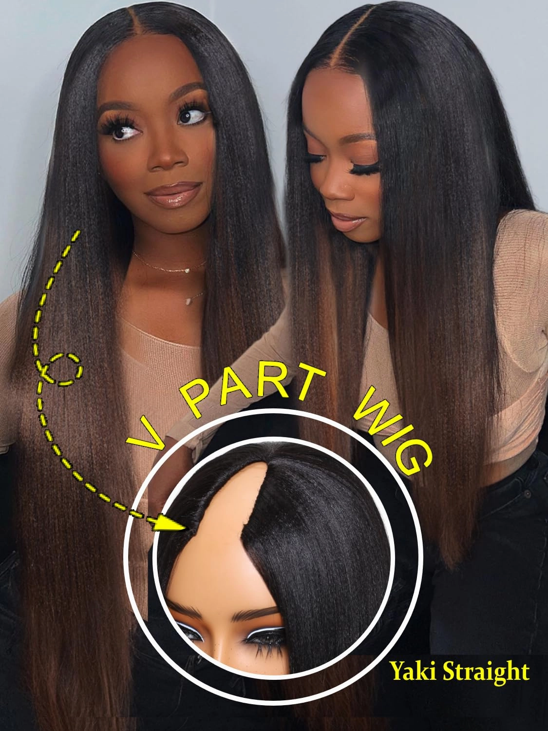 Sunber V Part Wig Human Hair Yaki Straight Ombre Brown Upgrade U Part Wig with Dark Roots Glueless No Leave Out No Gel No Lace V Shape Clip Wig for Women Beginner Ready to Go Wig Chestnut Brown 24Inch