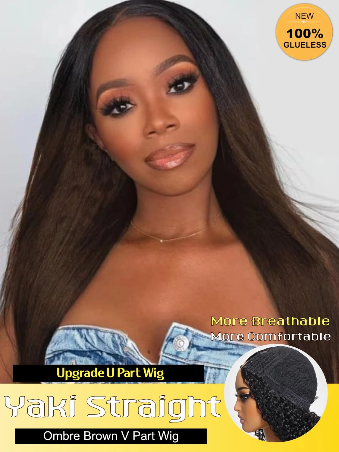 Sunber V Part Wig Human Hair Yaki Straight Ombre Brown Upgrade U Part Wig with Dark Roots Glueless No Leave Out No Gel No Lace V Shape Clip Wig for Women Beginner Ready to Go Wig Chestnut Brown 24Inch