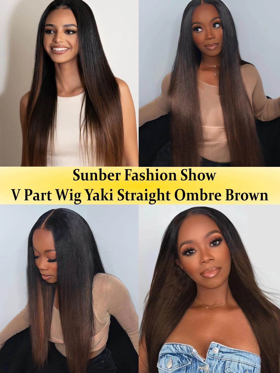 Sunber V Part Wig Human Hair Yaki Straight Ombre Brown Upgrade U Part Wig with Dark Roots Glueless No Leave Out No Gel No Lace V Shape Clip Wig for Women Beginner Ready to Go Wig Chestnut Brown 24Inch