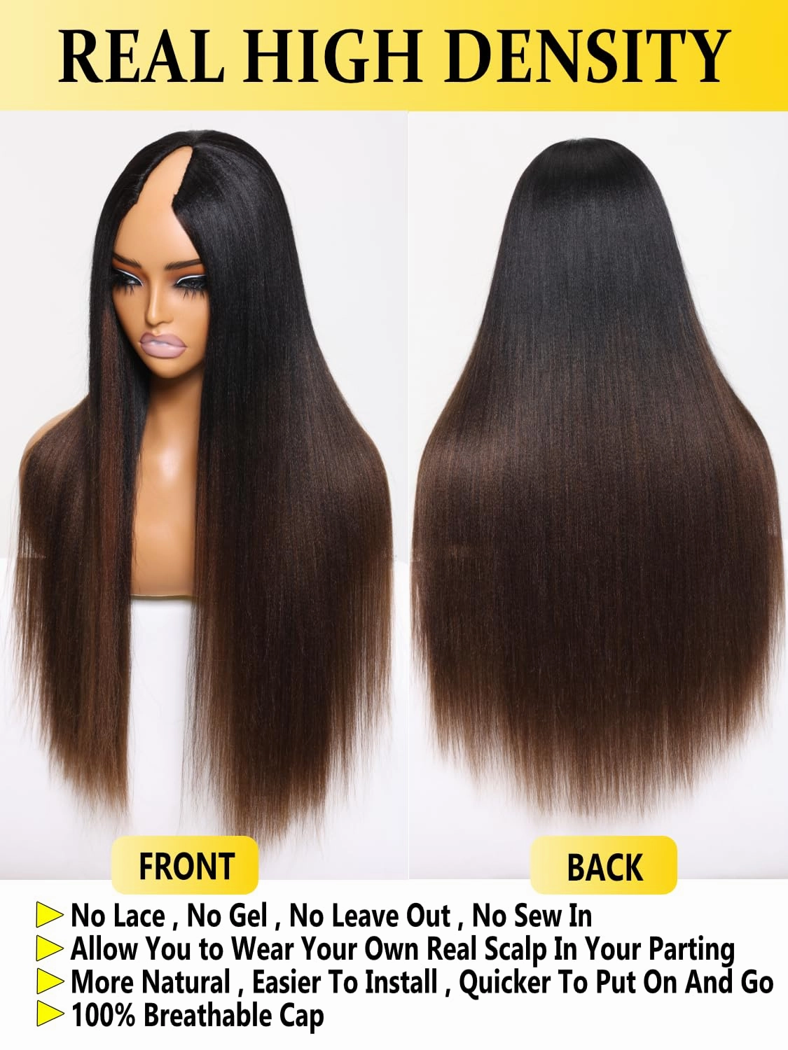 Sunber V Part Wig Human Hair Yaki Straight Ombre Brown Upgrade U Part Wig with Dark Roots Glueless No Leave Out No Gel No Lace V Shape Clip Wig for Women Beginner Ready to Go Wig Chestnut Brown 24Inch