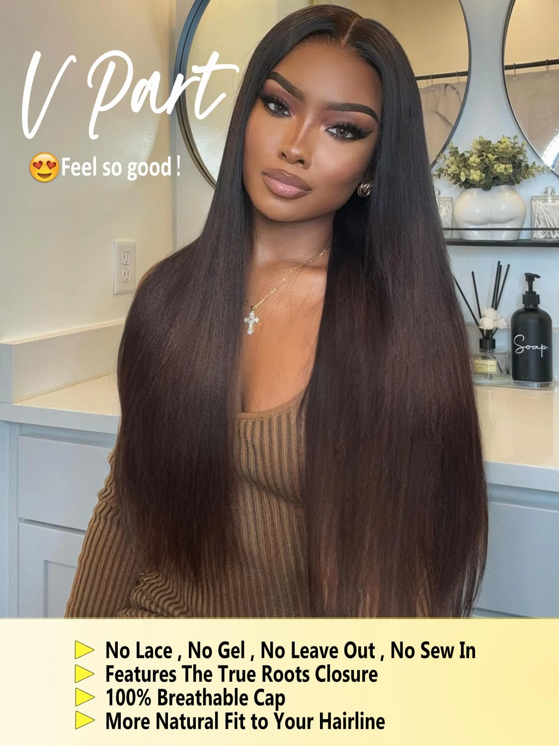 Sunber V Part Wig Human Hair Yaki Straight Ombre Brown Upgrade U Part Wig with Dark Roots Glueless No Leave Out No Gel No Lace V Shape Clip Wig for Women Beginner Ready to Go Wig Chestnut Brown 24Inch