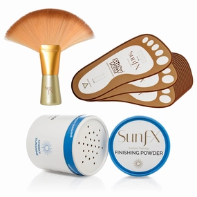 SunFX Post Spray Tan Translucent Finishing Powder | Talc Free | Sunless Tanning Powder with Large Professional Fan Brush & 100 pk of Disposable Sticky Feet