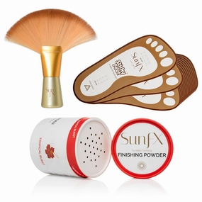 SunFX Post Spray Tan Translucent Finishing Powder | Talc Free | Sunless Tanning Powder with Large Professional Fan Brush & 100 pk of Disposable Sticky Feet
