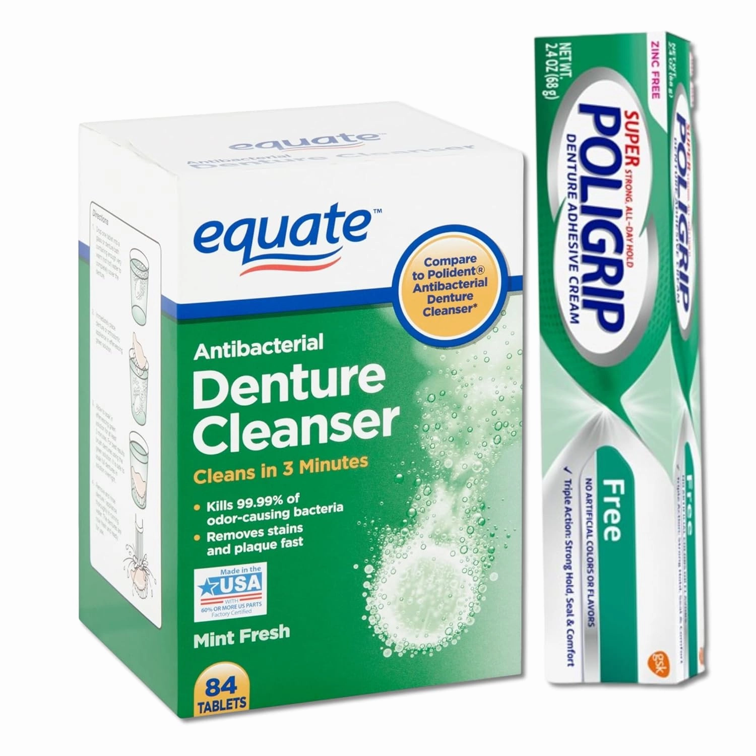 Super Denture Adhesive Cream Zinc Free, 2.4-Ounce Tube Bundle with Equate Denture Cleaner Tablets 3 Minutes 84 Count