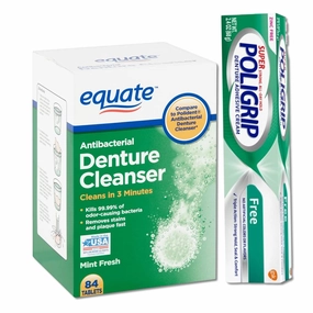 Super Denture Adhesive Cream Zinc Free, 2.4-Ounce Tube Bundle with Equate Denture Cleaner Tablets 3 Minutes 84 Count