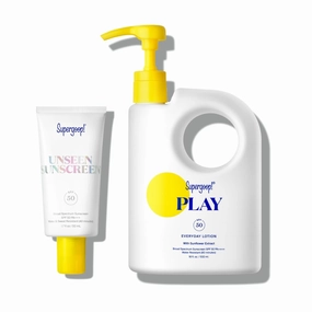 Supergoop! Unseen Sunscreen SPF 50 Invisible Sun Protection for Face (1.7 fl oz)   PLAY Everyday Lotion SPF 50 (18 fl oz) - Broad Spectrum Body & Face Sunscreen for Sensitive Skin