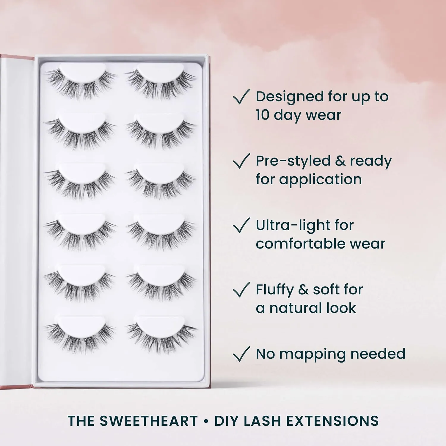 Sweetheart Doll-Eyed Lash Clusters for Women, Salon Quality At Home Eyelashes Extension Kit, 6 Lash Sets, No Lash Glue Included