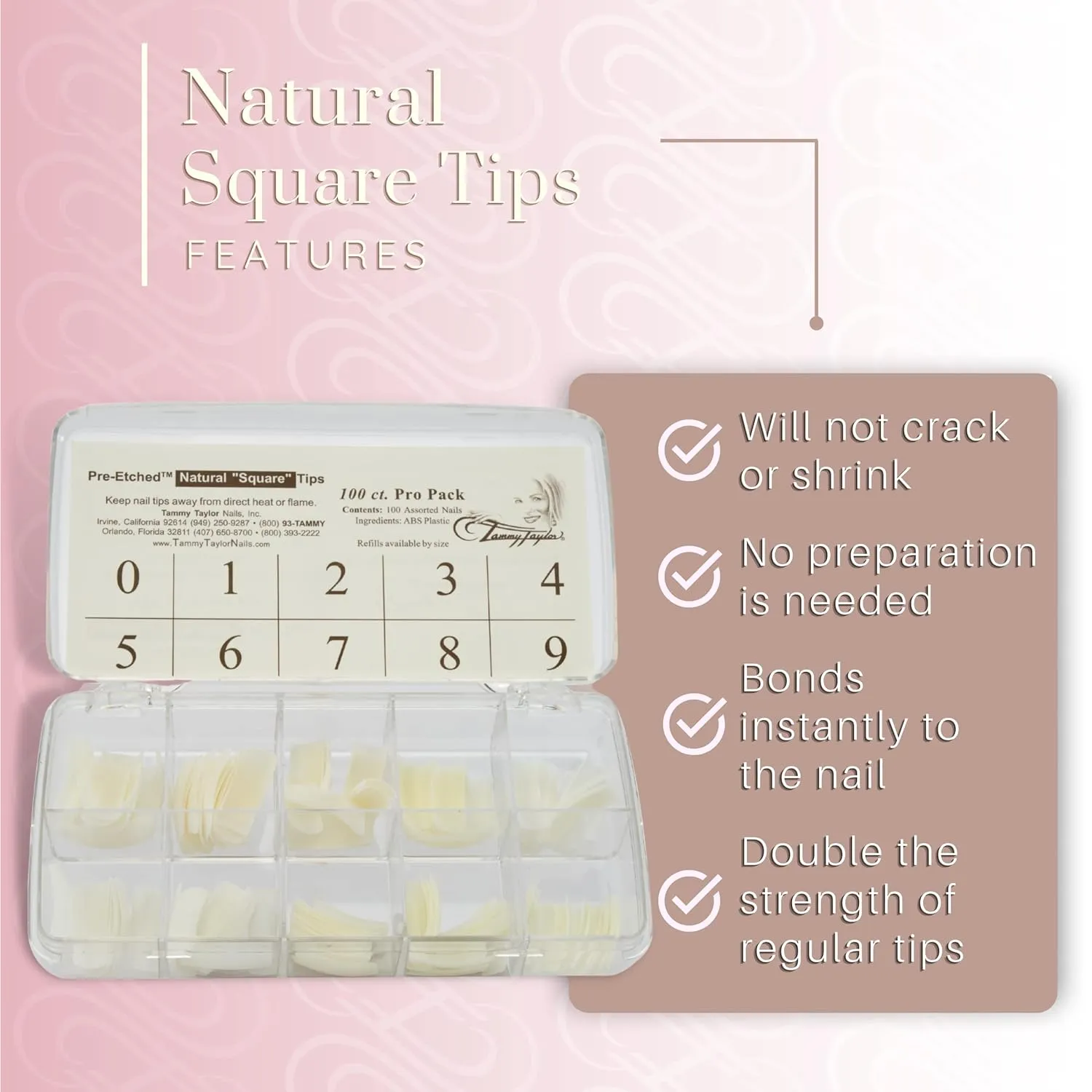 Tammy Taylor Natural Square Nail Tip Extensions | Full Coverage, Natural Lightweight, Long Lasting, Salon Grade Professional Pre Etched Acrylic Nail Tips | Well-Less Fake Nails, 100 count