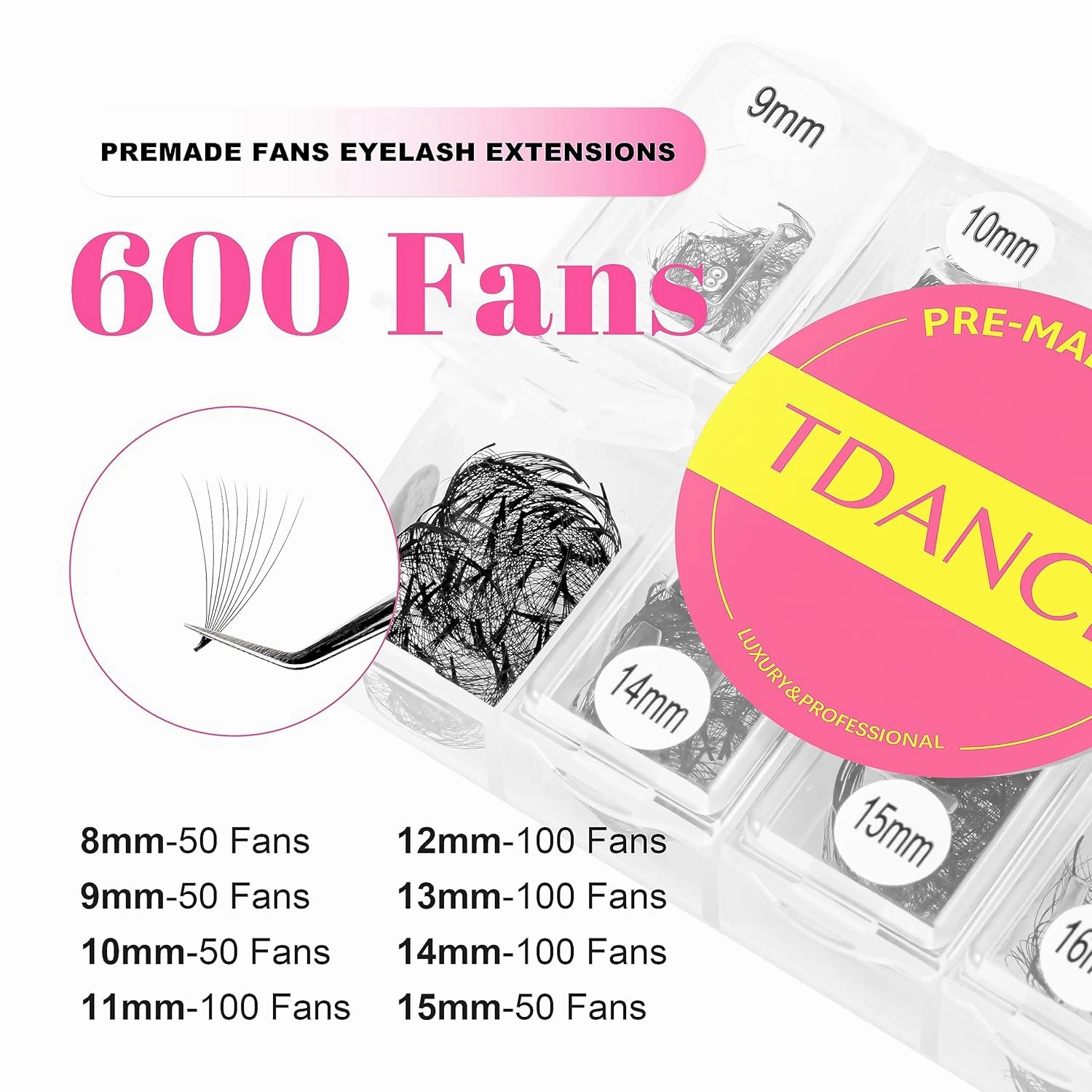 TDANCE 600 Fans Premade Fans Eyelash Extensions 8-15mm Mixed Length Premade Lash Fans Lash Extension 5D 8D 10D 12D 14D 16D 24D Handmade Promades Eyelash Fans C/D Curl Loose Fans(600-10D-0.05-D-8-15mm)