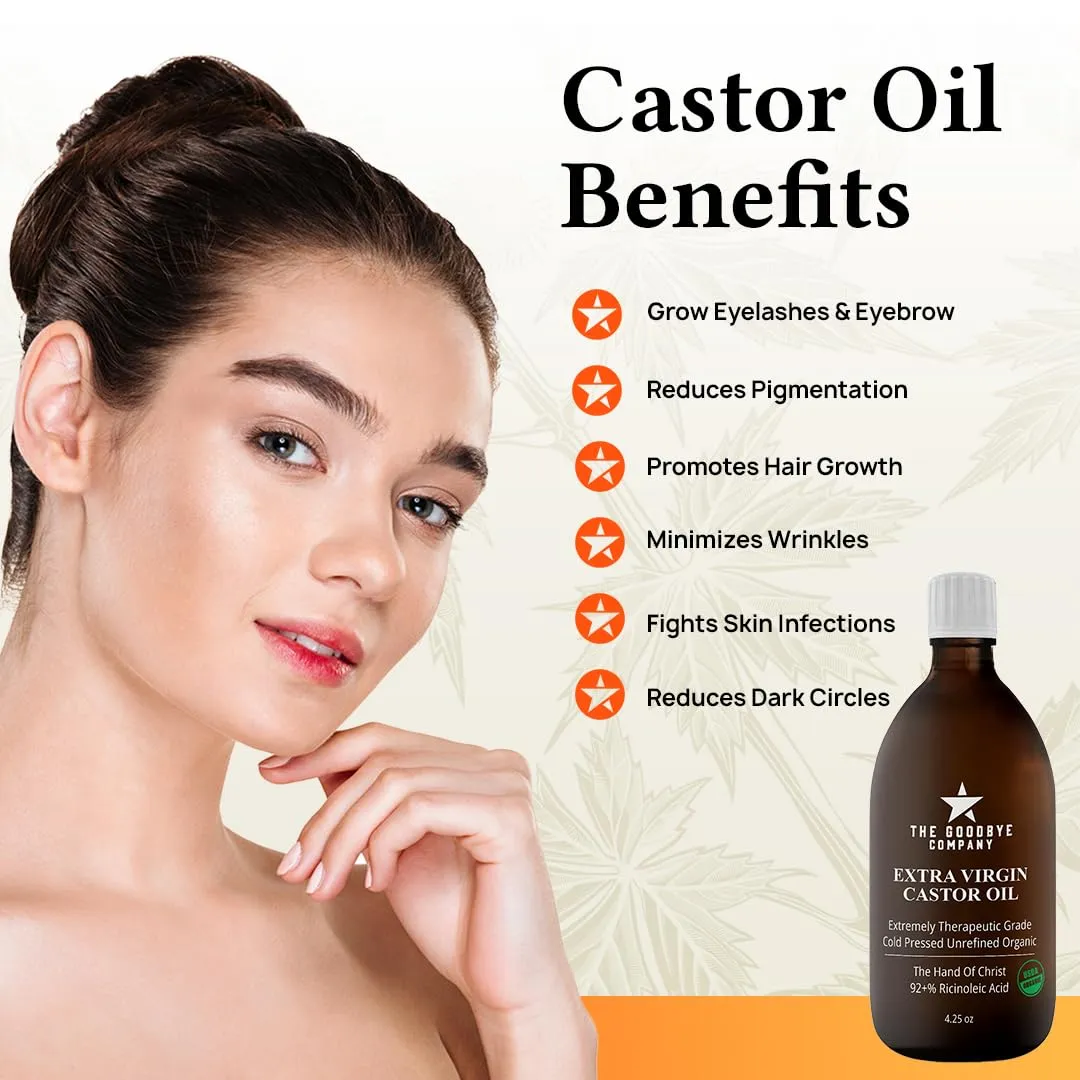 The Goodbye Company Organic Castor Oil – 4.25oz – 100% Pure, Cold-Pressed & Unrefined – Hexane-Free – Nourishing Oil for Healthy Skin, Hair Growth & Eyelashes (120mL)
