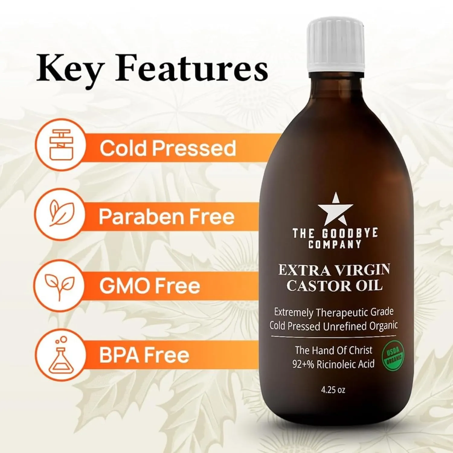 The Goodbye Company Organic Castor Oil – 4.25oz – 100% Pure, Cold-Pressed & Unrefined – Hexane-Free – Nourishing Oil for Healthy Skin, Hair Growth & Eyelashes (120mL)