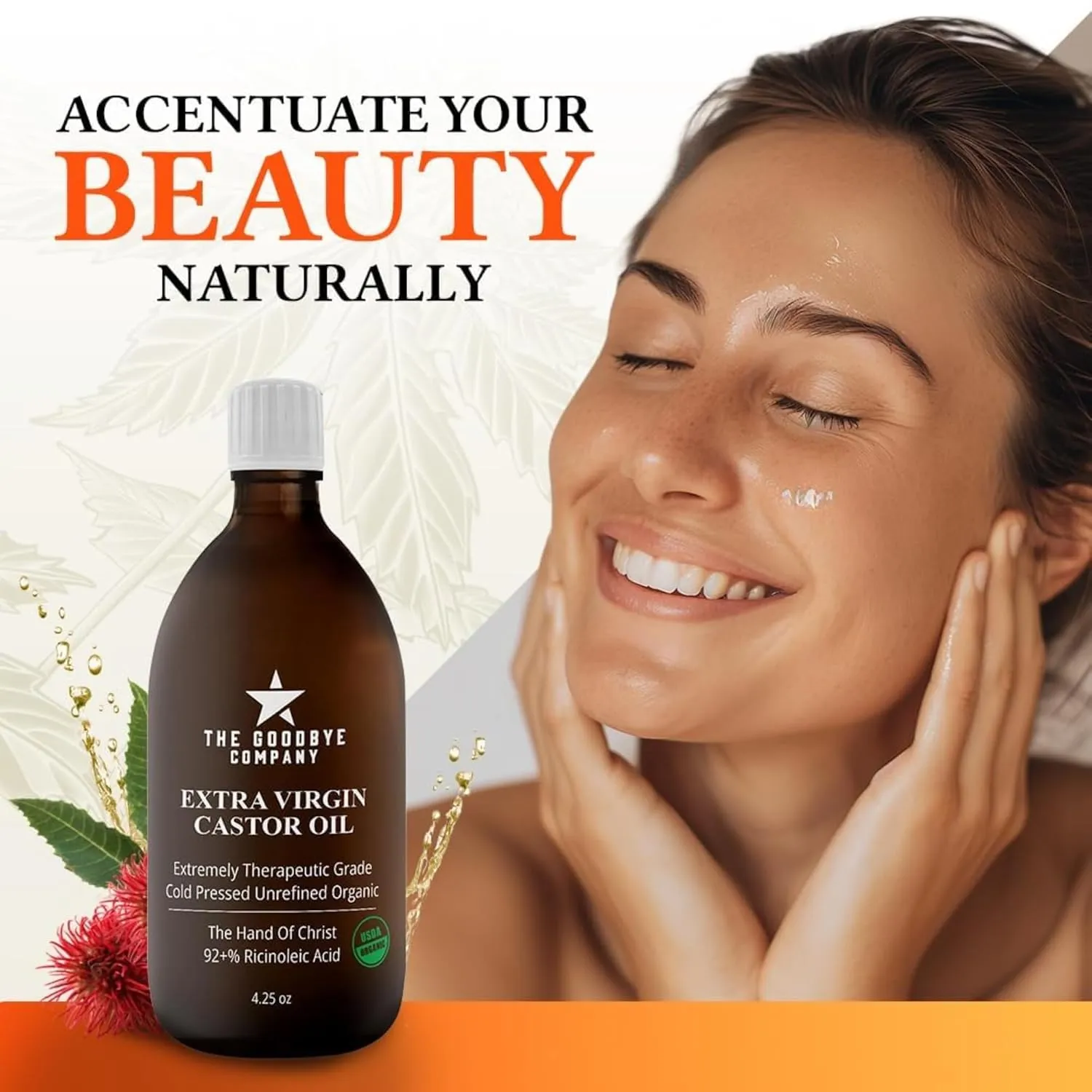 The Goodbye Company Organic Castor Oil – 4.25oz – 100% Pure, Cold-Pressed & Unrefined – Hexane-Free – Nourishing Oil for Healthy Skin, Hair Growth & Eyelashes (120mL)