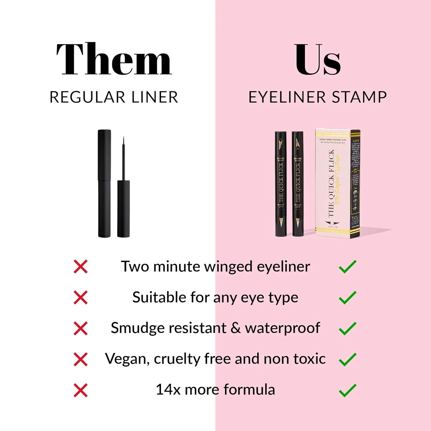 The Quick Flick Winged Eyeliner Stamp – Waterproof & Smudge Proof Vegan Cat Eye Stamp Eyeliner – 4mm Thick Winged Stamp & 10mm Modest Felt-Tip Liquid Hypoallergenic Eyeliner Pen (Intense Black-2 Pen)