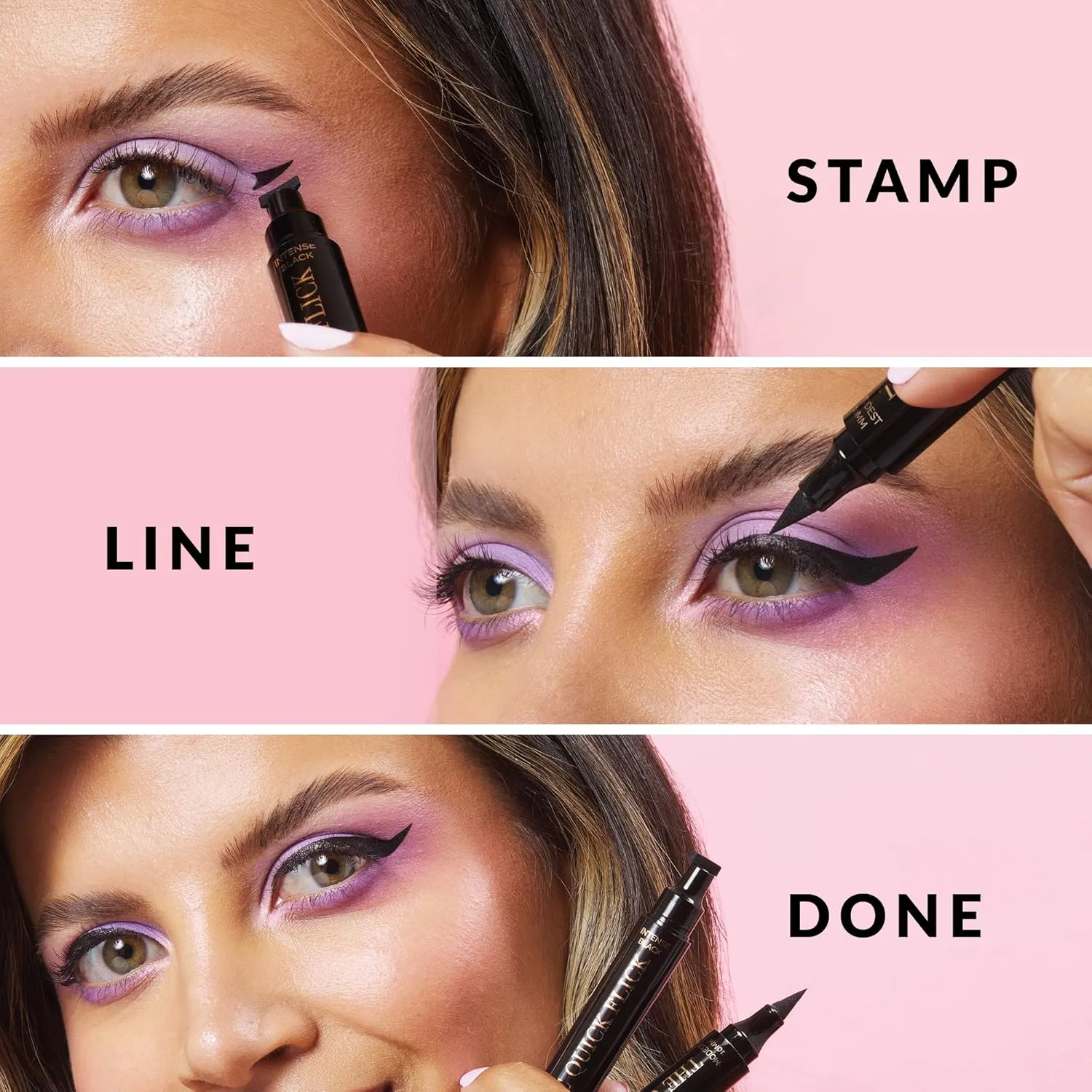 The Quick Flick Winged Eyeliner Stamp – Waterproof & Smudge Proof Vegan Cat Eye Stamp Eyeliner – 4mm Thick Winged Stamp & 10mm Modest Felt-Tip Liquid Hypoallergenic Eyeliner Pen (Intense Black-2 Pen)