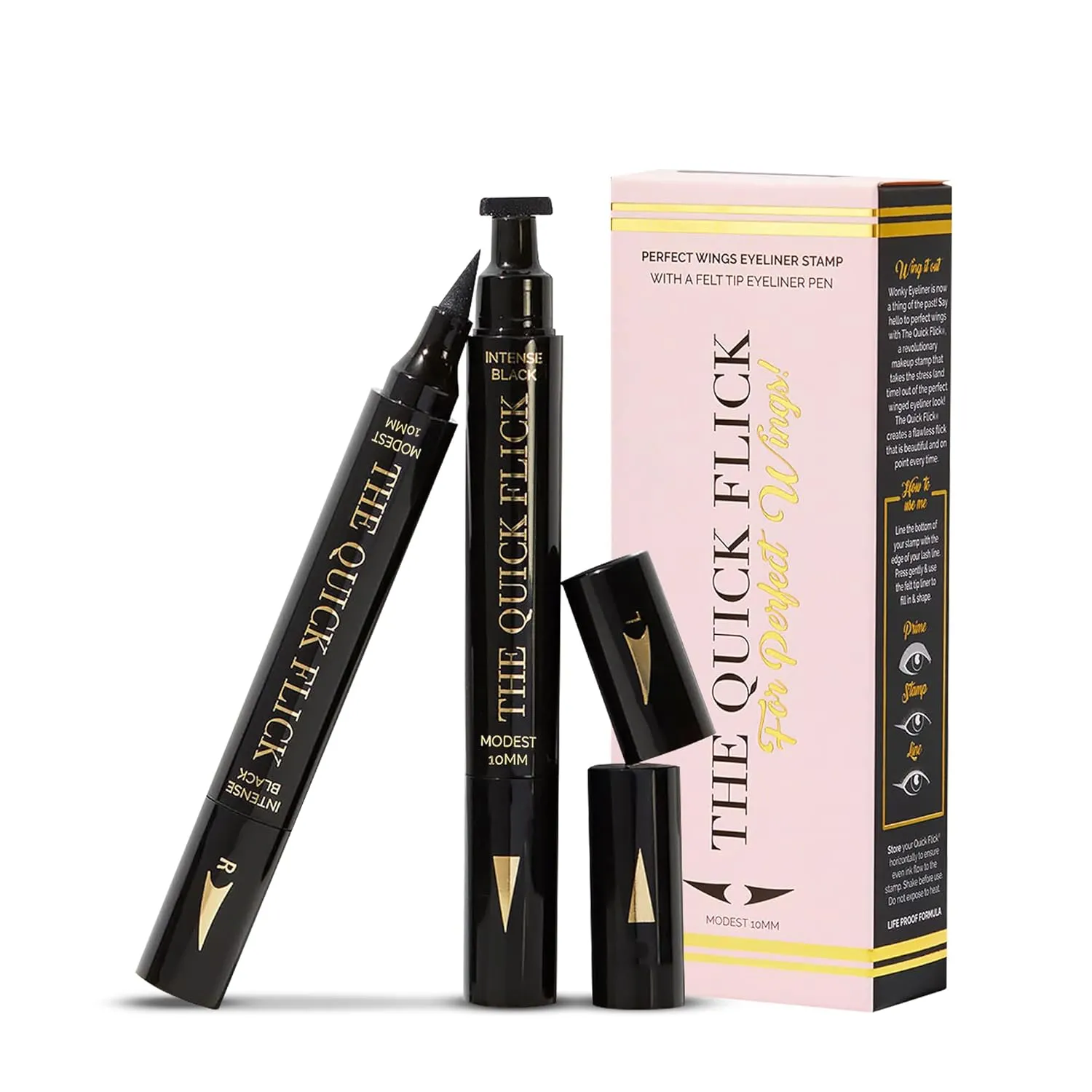 The Quick Flick Winged Eyeliner Stamp – Waterproof & Smudge Proof Vegan Cat Eye Stamp Eyeliner – 4mm Thick Winged Stamp & 10mm Modest Felt-Tip Liquid Hypoallergenic Eyeliner Pen (Intense Black-2 Pen)