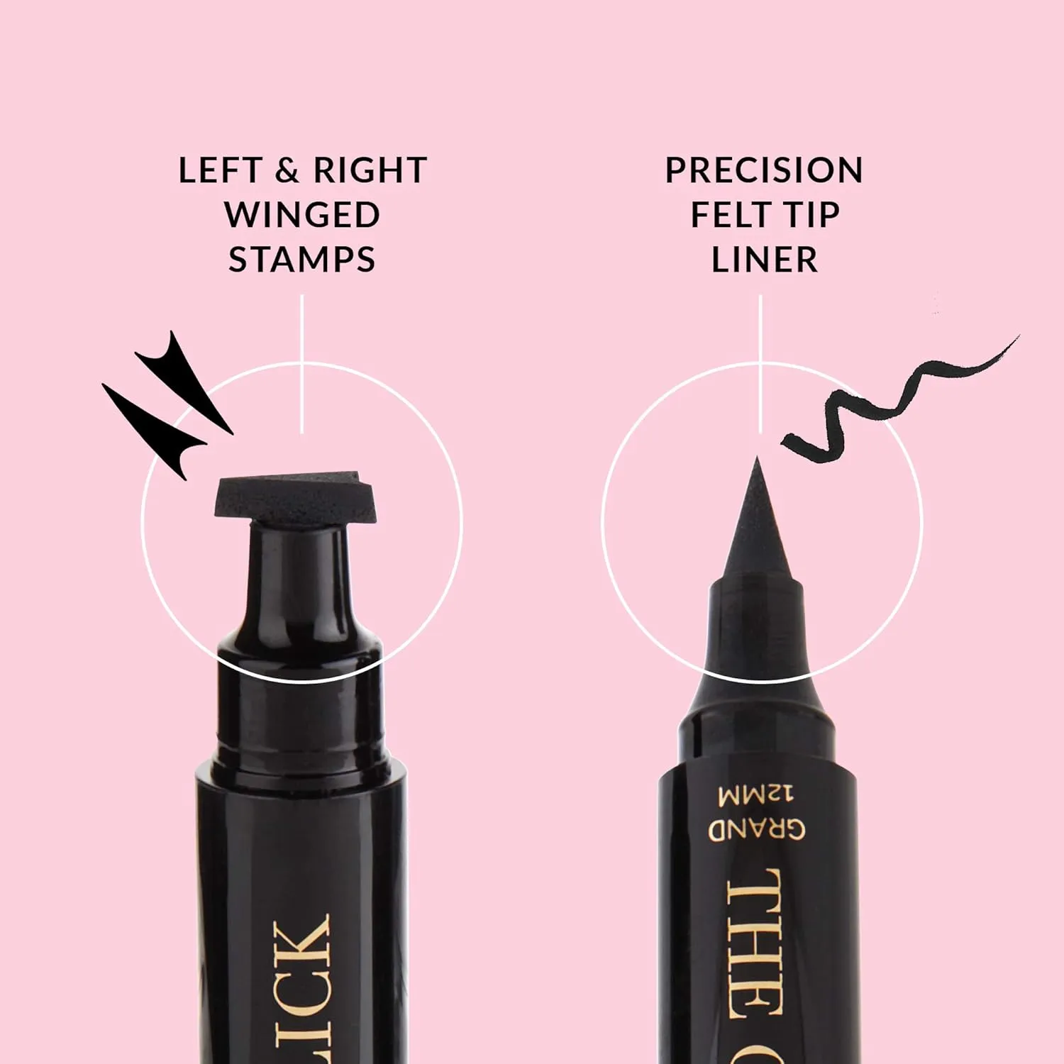 The Quick Flick Winged Eyeliner Stamp – Waterproof & Smudge Proof Vegan Cat Eye Stamp Eyeliner – 4mm Thick Winged Stamp & 10mm Modest Felt-Tip Liquid Hypoallergenic Eyeliner Pen (Intense Black-2 Pen)