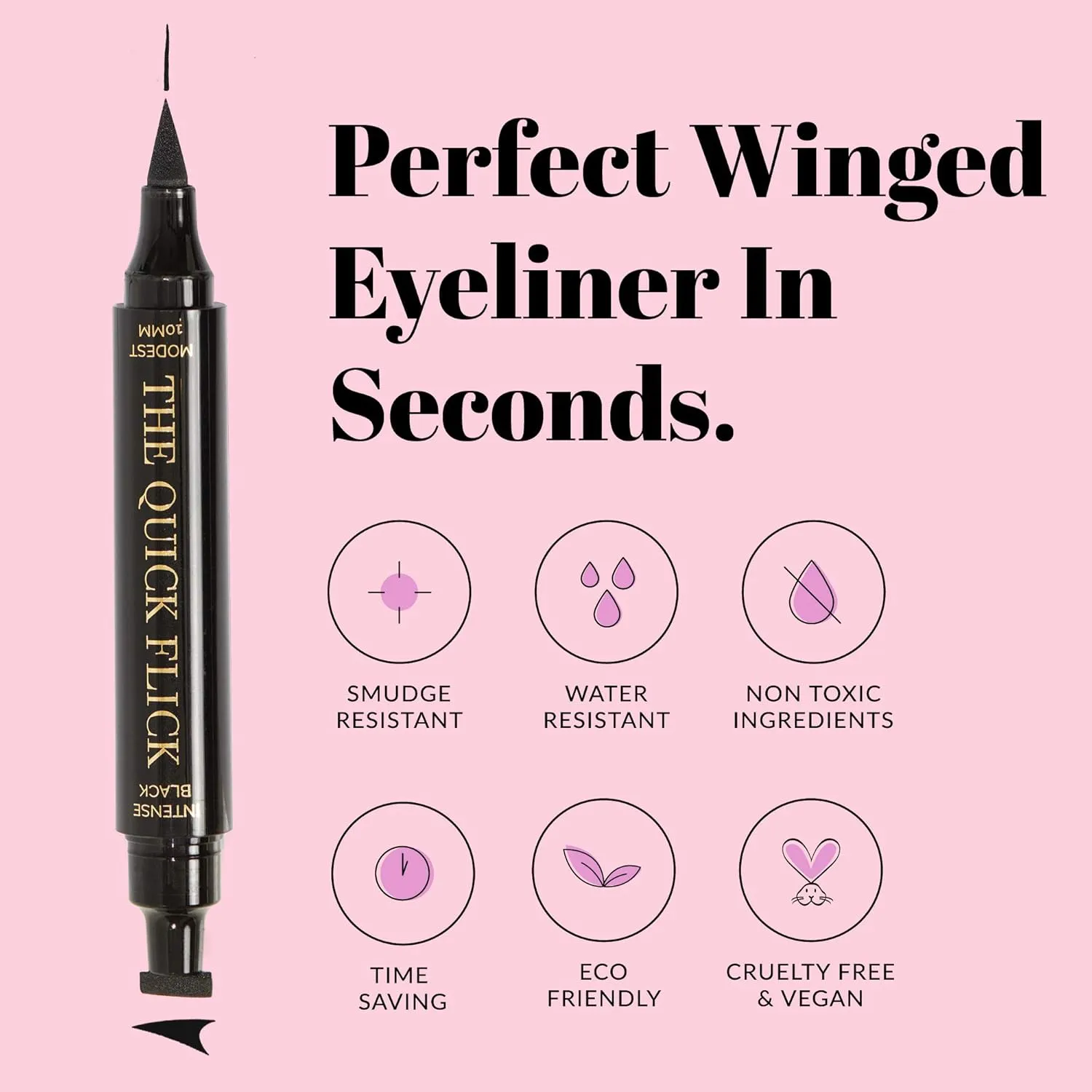The Quick Flick Winged Eyeliner Stamp – Waterproof & Smudge Proof Vegan Cat Eye Stamp Eyeliner – 4mm Thick Winged Stamp & 10mm Modest Felt-Tip Liquid Hypoallergenic Eyeliner Pen (Intense Black-2 Pen)