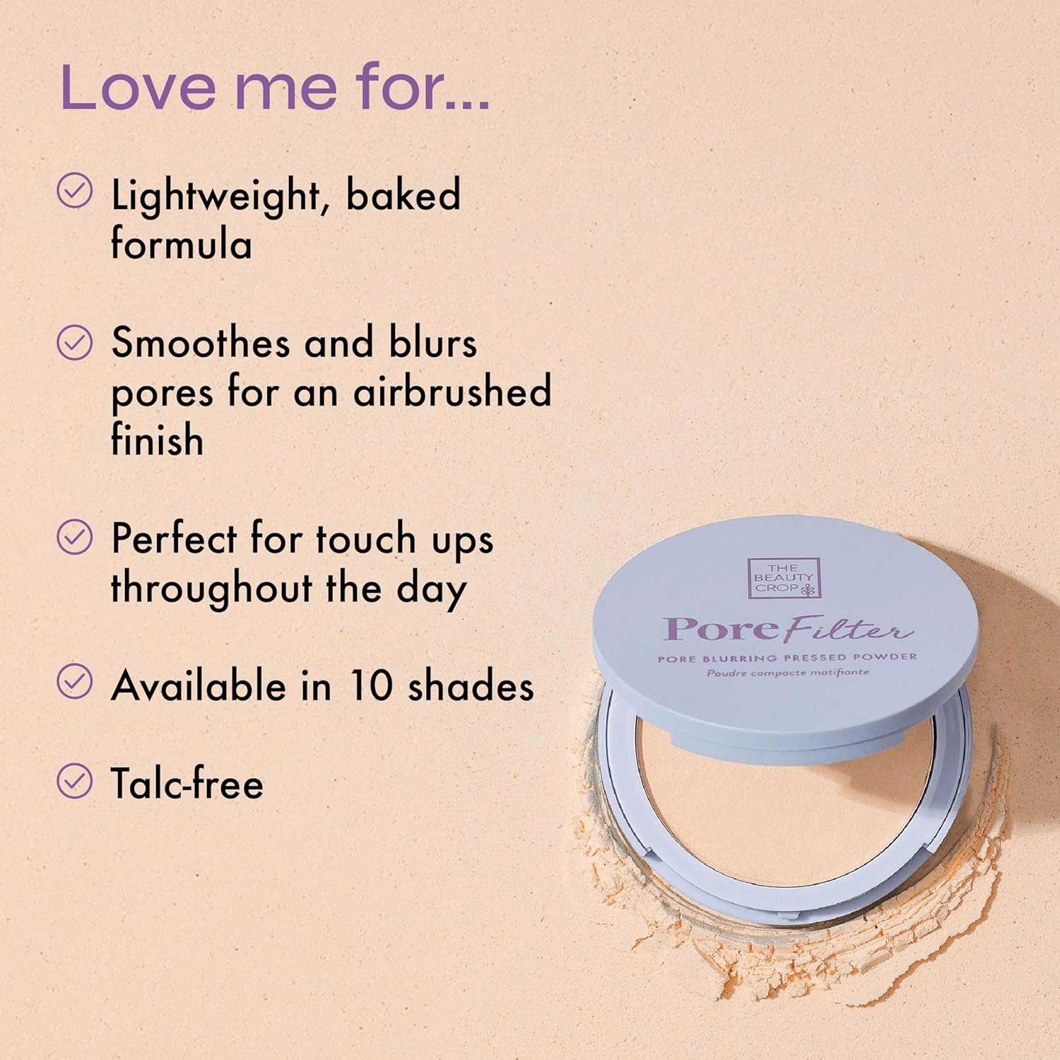 The Beauty Crop PoreFilter Pressed Powder - Blurs Pores & Controls Shine - Peach Shade - 0.34 oz
