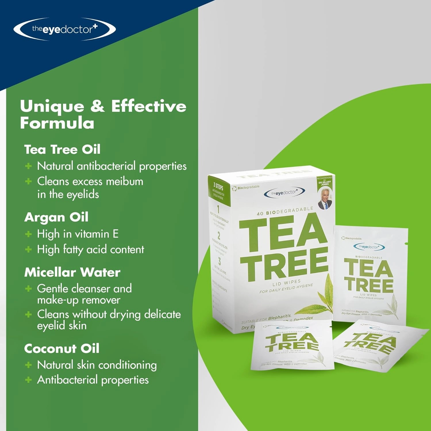 The Eye Doctor Tea Tree Eyelid Wipes - 40x Cleansing Lid Wipes Suitable for Dry Eye Blepharitis MGD & Demodex - Tea Tree, Coconut & Argan Oil