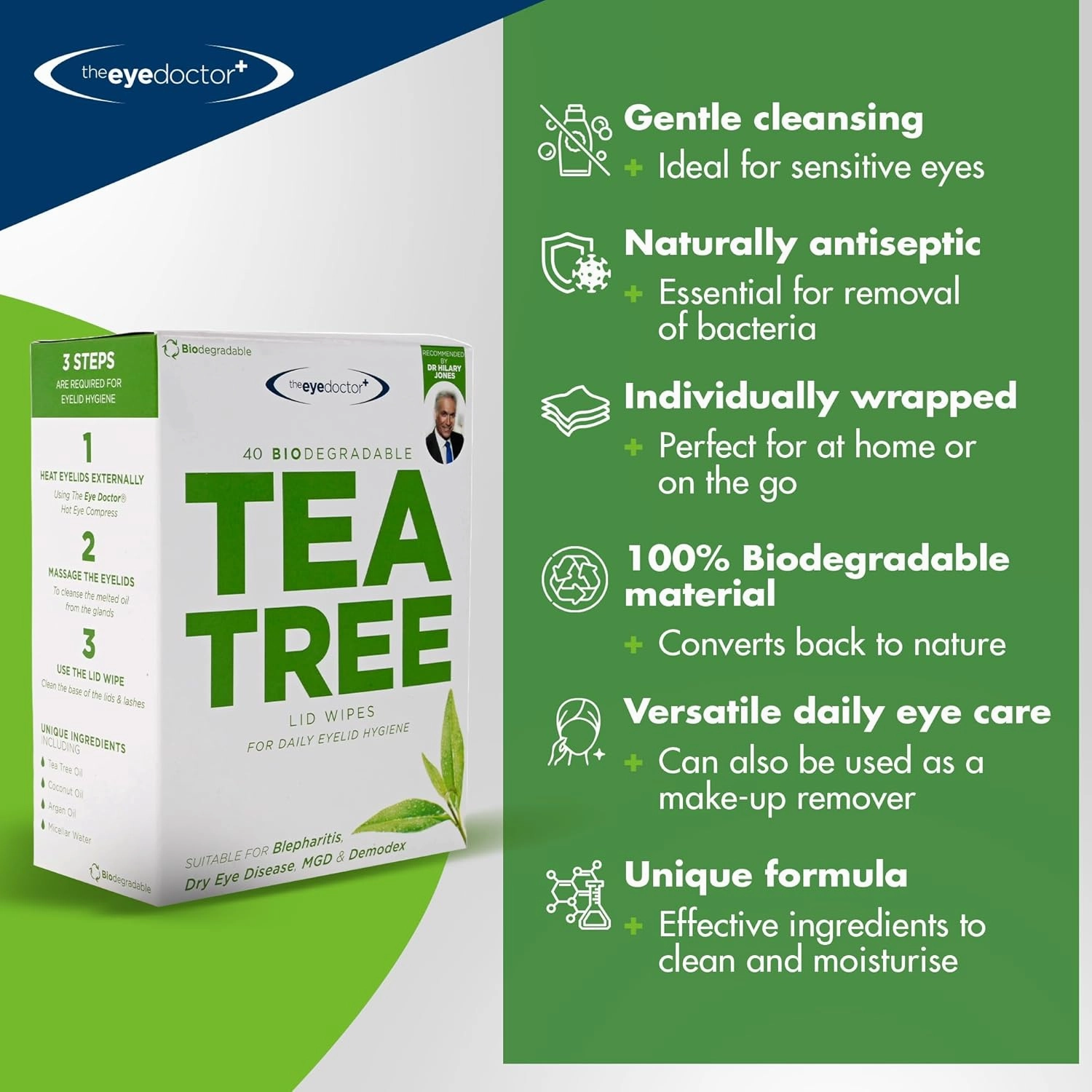The Eye Doctor Tea Tree Eyelid Wipes - 40x Cleansing Lid Wipes Suitable for Dry Eye Blepharitis MGD & Demodex - Tea Tree, Coconut & Argan Oil