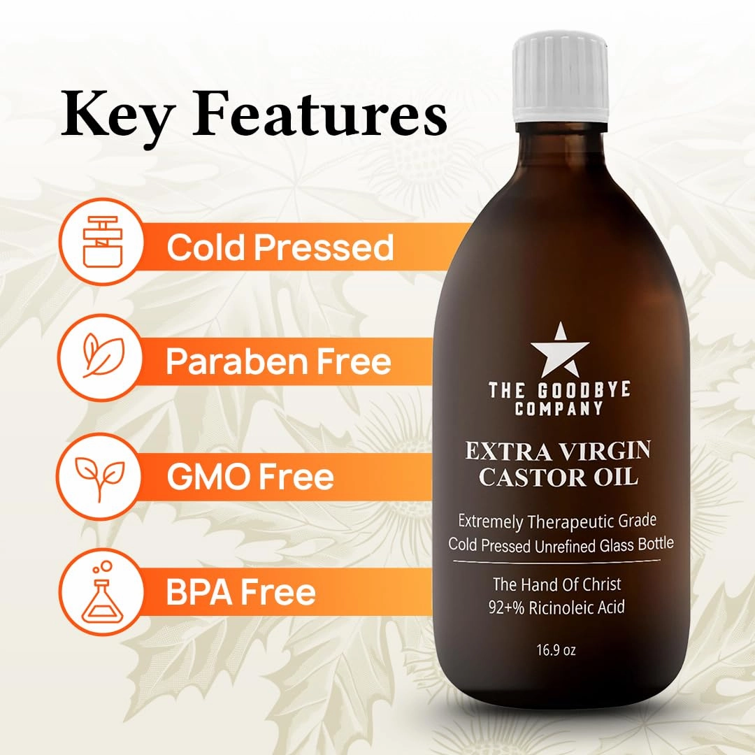 The Goodbye Company Organic Castor Oil – 100% Pure Extra Virgin, Cold-Pressed & Unrefined – Hexane-Free – Nourishing Oil for Healthy Skin, Hair Growth & Eyelashes (250mL)