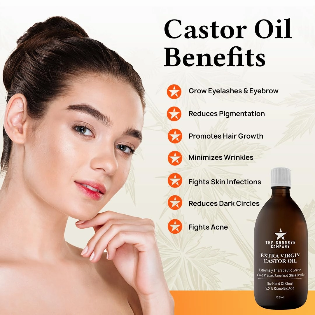 The Goodbye Company Organic Castor Oil – 100% Pure Extra Virgin, Cold-Pressed & Unrefined – Hexane-Free – Nourishing Oil for Healthy Skin, Hair Growth & Eyelashes (250mL)